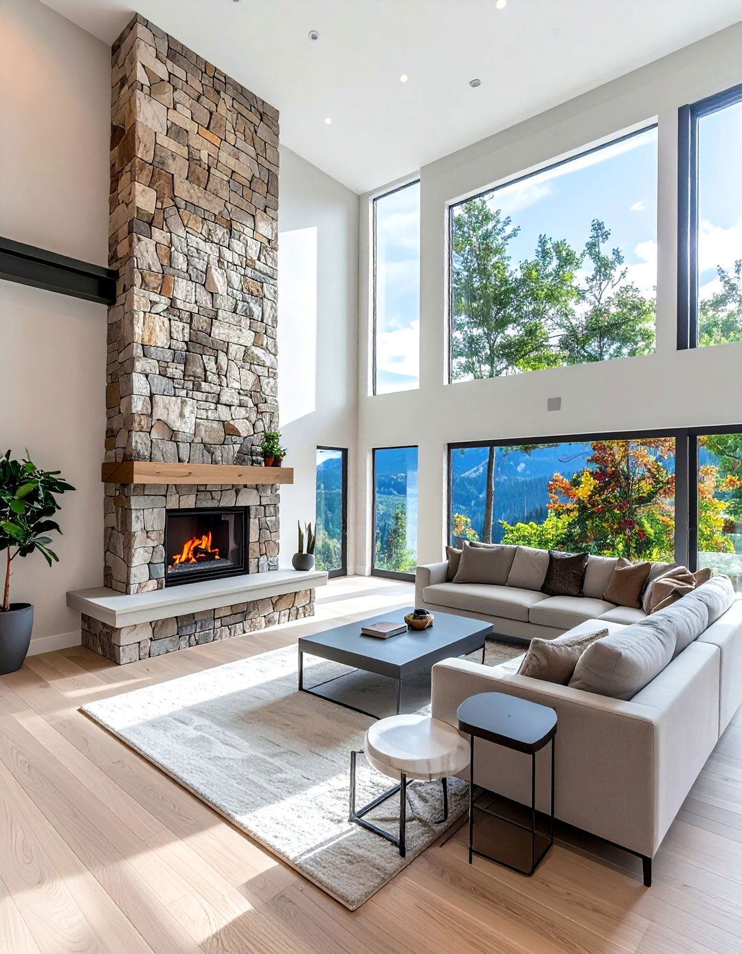 Fireplace Design Enhancement - 25 High Ceiling Living Room Ideas to Maximize Your Space