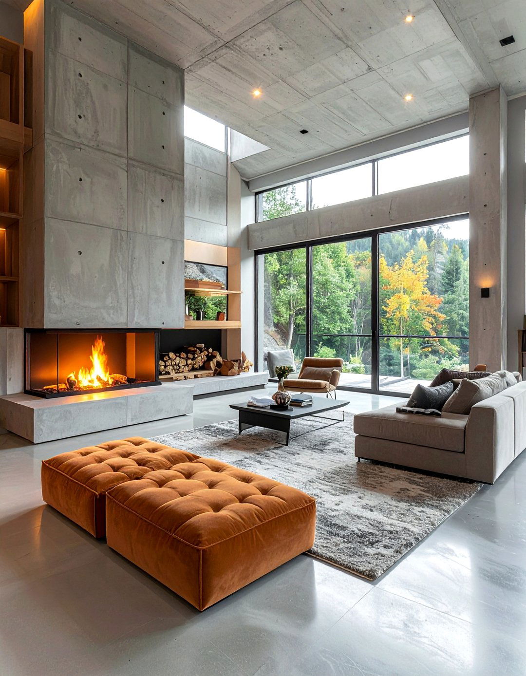 Fireplace Focal Point Features - 20 Concrete Floor Living Room Ideas for Modern Homes