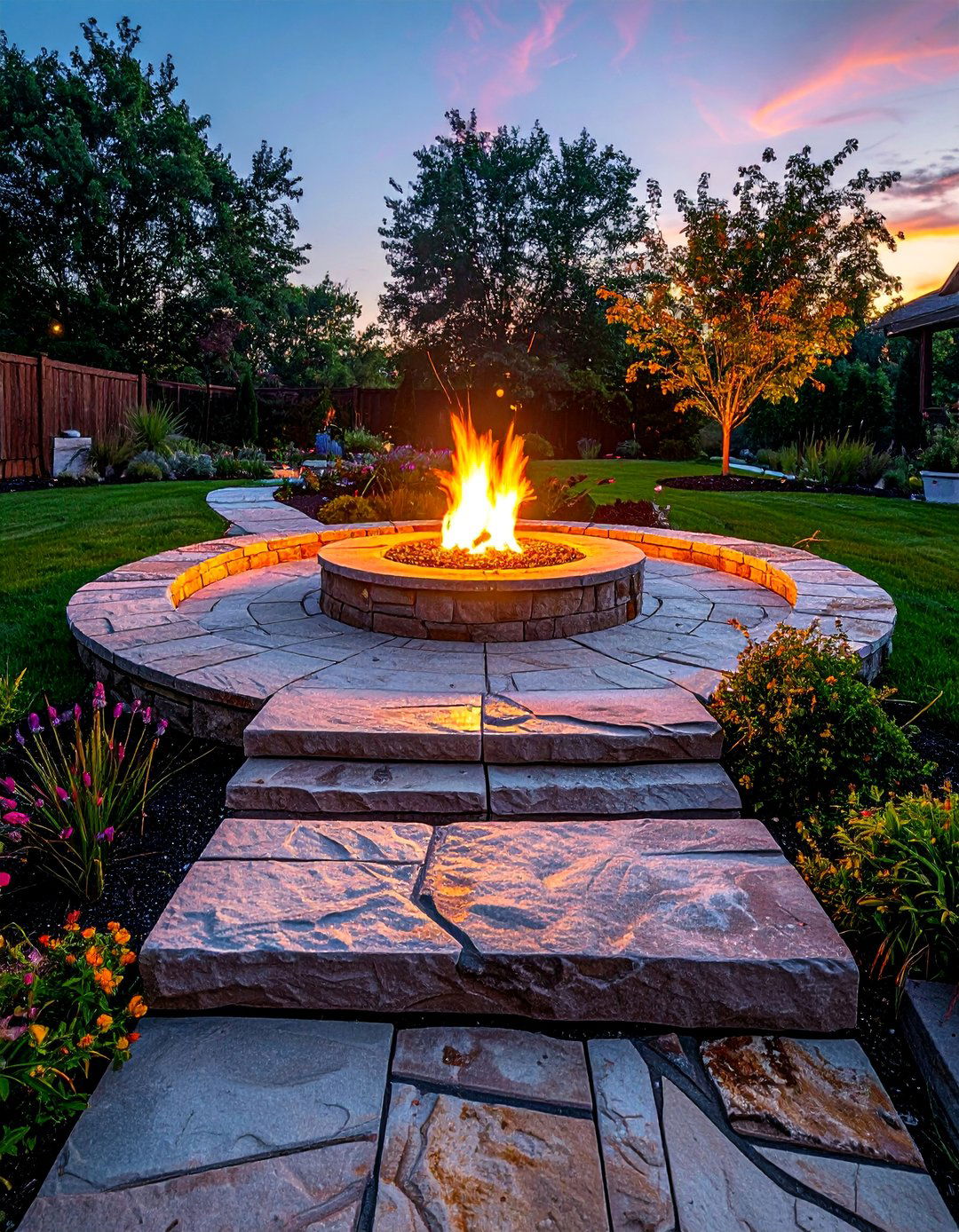 Flagstone Stepping Stones with Fire Island - 25 Stone Patio with Fire Pit Ideas for Outdoor Fun