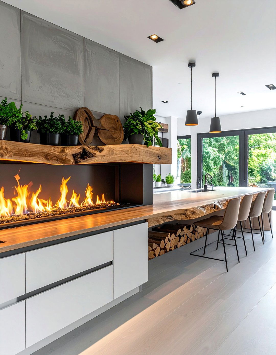 Floating Mantel Kitchen Fireplaces - 25 Kitchens With Fireplaces for Cozy Cooking Spaces