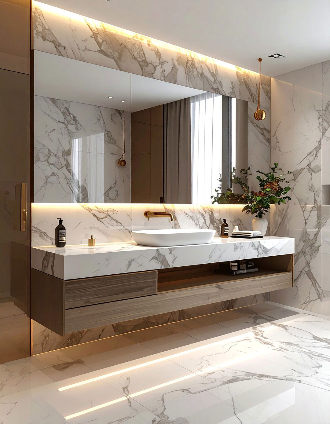 Floating Marble Vanity with Integrated Basin - 20 Luxury Marble Bathroom Ideas for a Spa-Like Retreat
