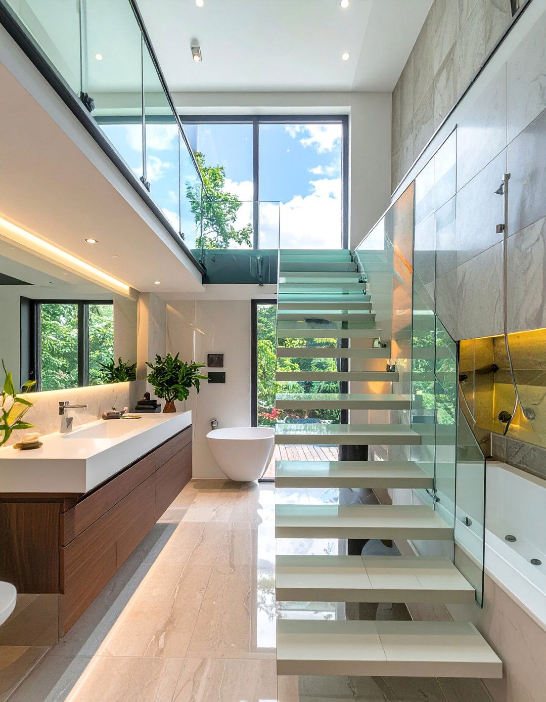 Floating Staircase Access - 30 Open Concept Bathroom Ideas for Modern Homes