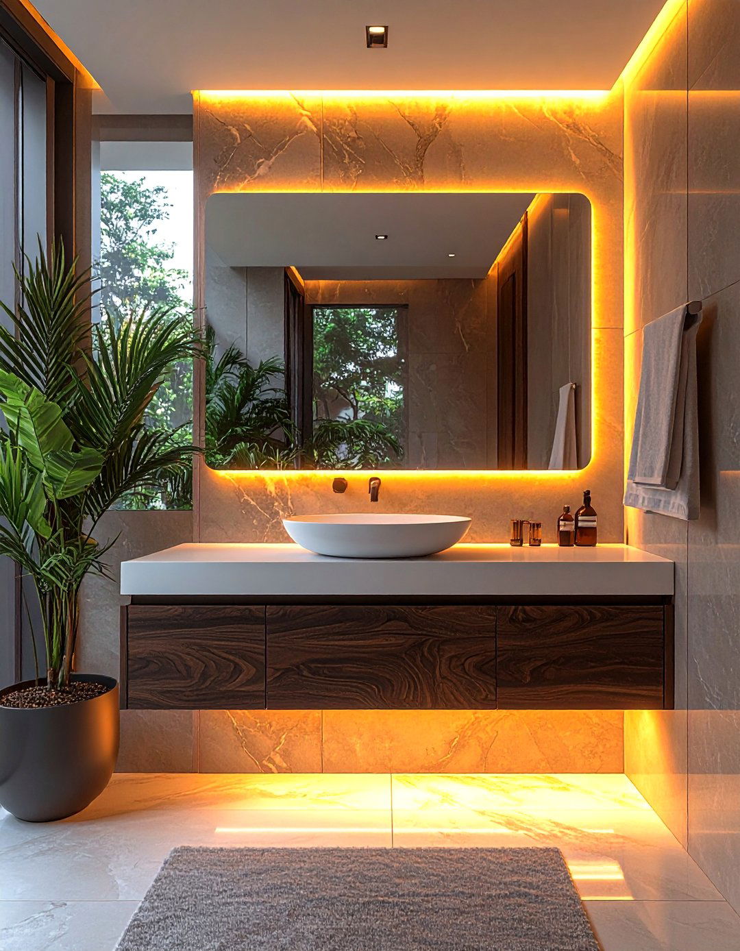 Floating Vanity with LED Underglow - 20 Luxury Powder Room Ideas for a Chic Space