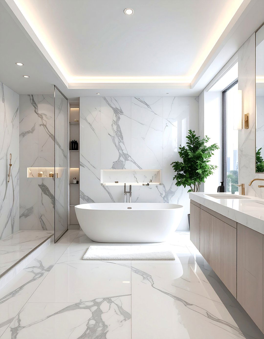 Floor to Ceiling Carrara Marble Walls - 20 Luxury Marble Bathroom Ideas for a Spa-Like Retreat
