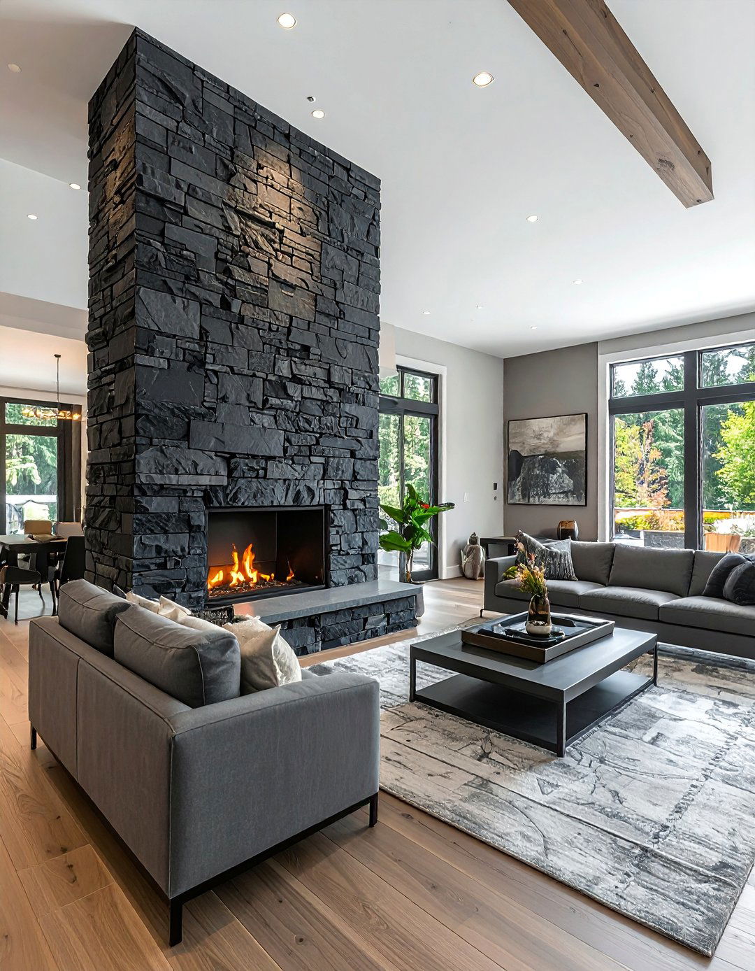 Floor to Ceiling Slate Stacked Stone Fireplace - 25 Stunning Stacked Stone Fireplace Design Ideas