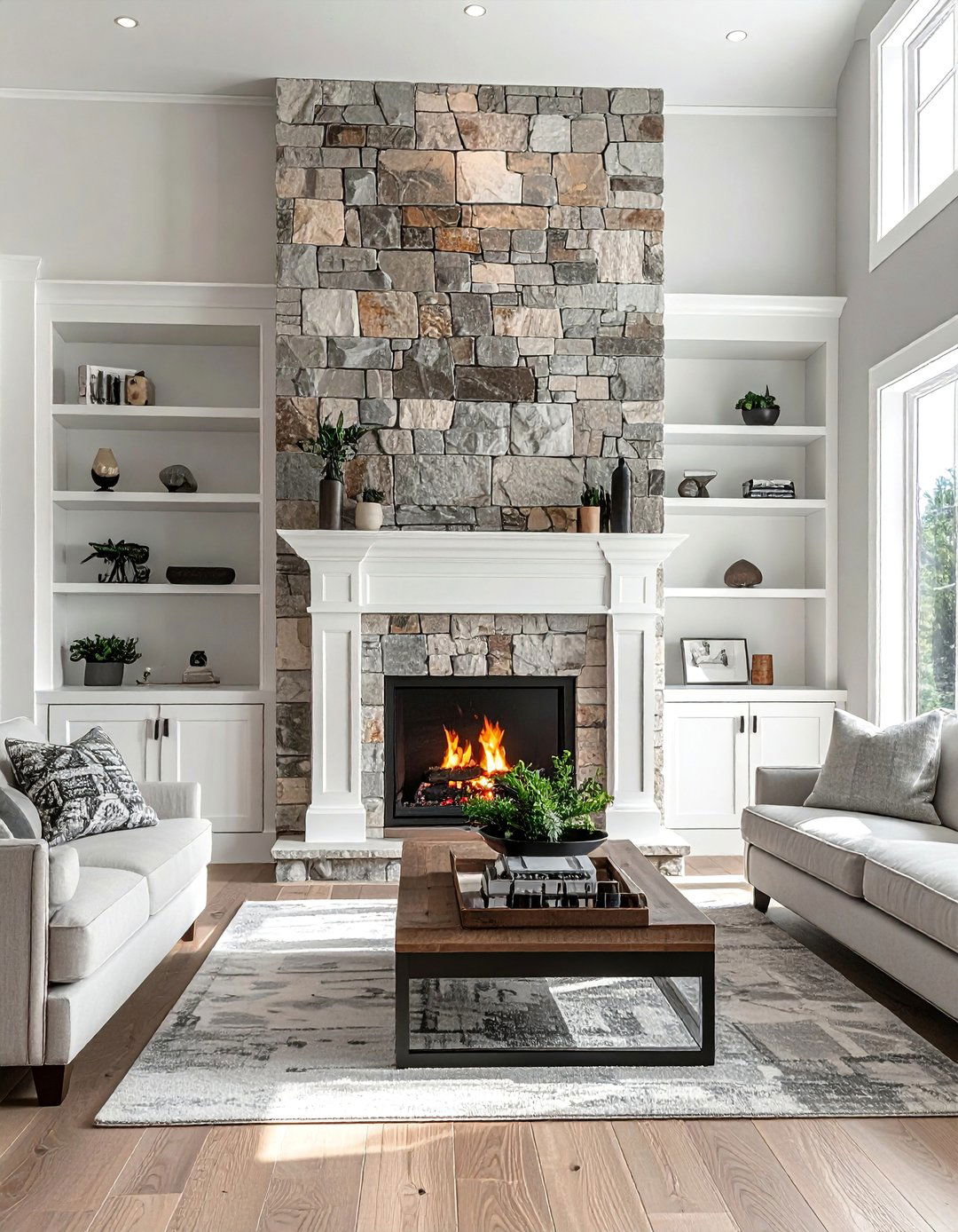 Floor to Ceiling Stone Fireplace with Symmetrical Built In Shelving - 20 Floor-to-Ceiling Stone Fireplace Ideas for a Stunning Focal Point