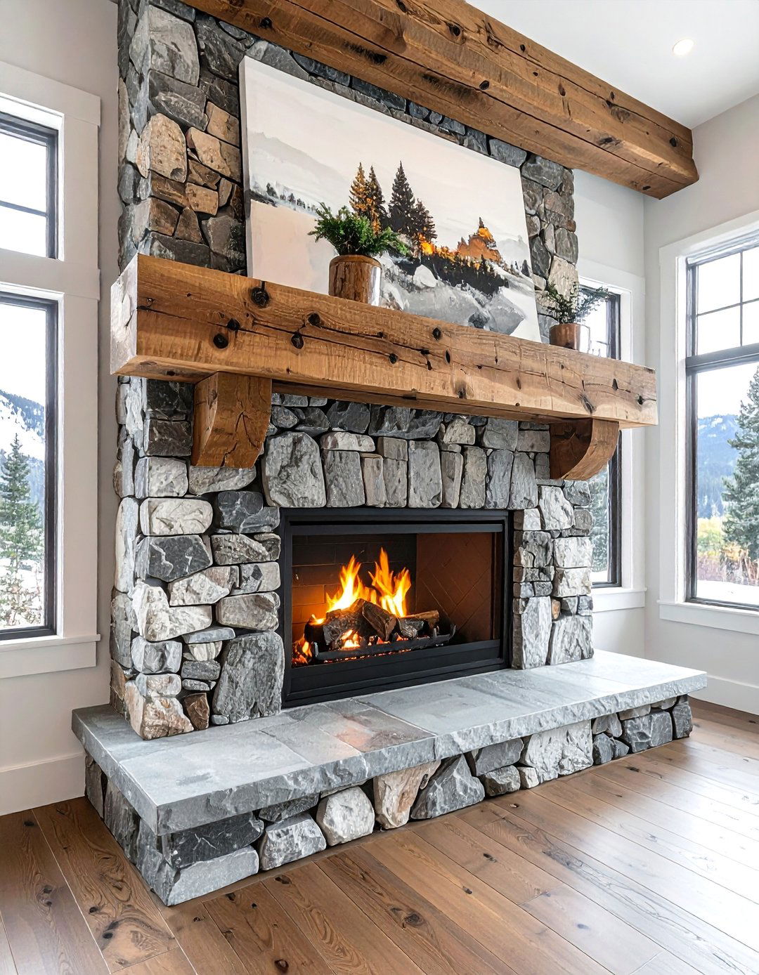 Floor to Ceiling Stone Fireplace with a Reclaimed Wood Mantel - 20 Floor-to-Ceiling Stone Fireplace Ideas for a Stunning Focal Point