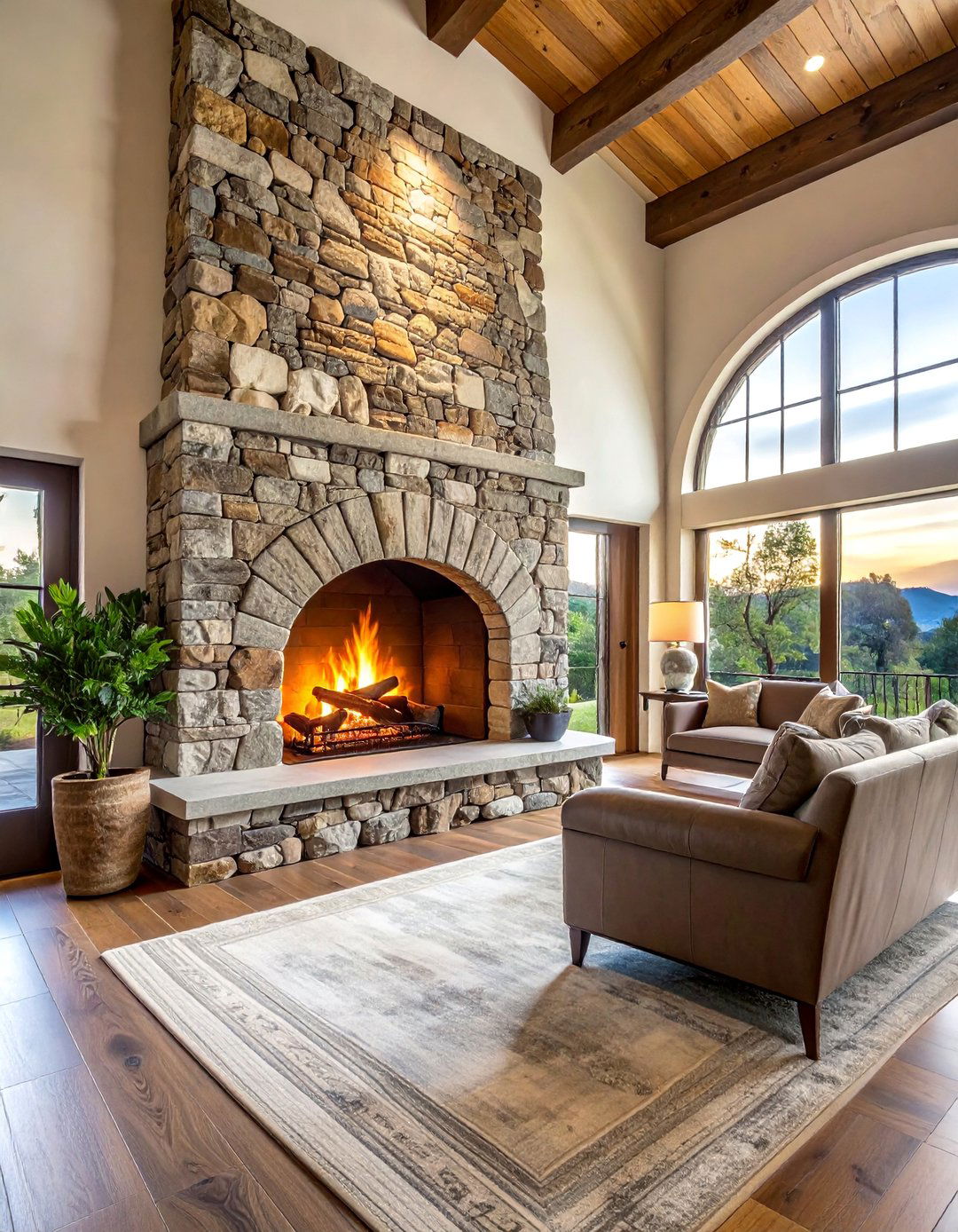 Floor to Ceiling Stone Fireplace with an Arched Opening - 20 Floor-to-Ceiling Stone Fireplace Ideas for a Stunning Focal Point
