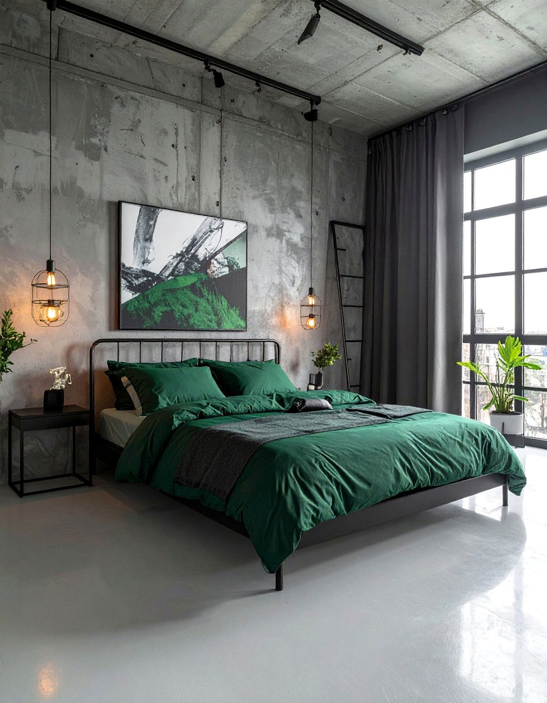Forest Green Bedding with Concrete Grey Walls - 20 Green and Grey Bedroom Ideas for a Serene Retreat