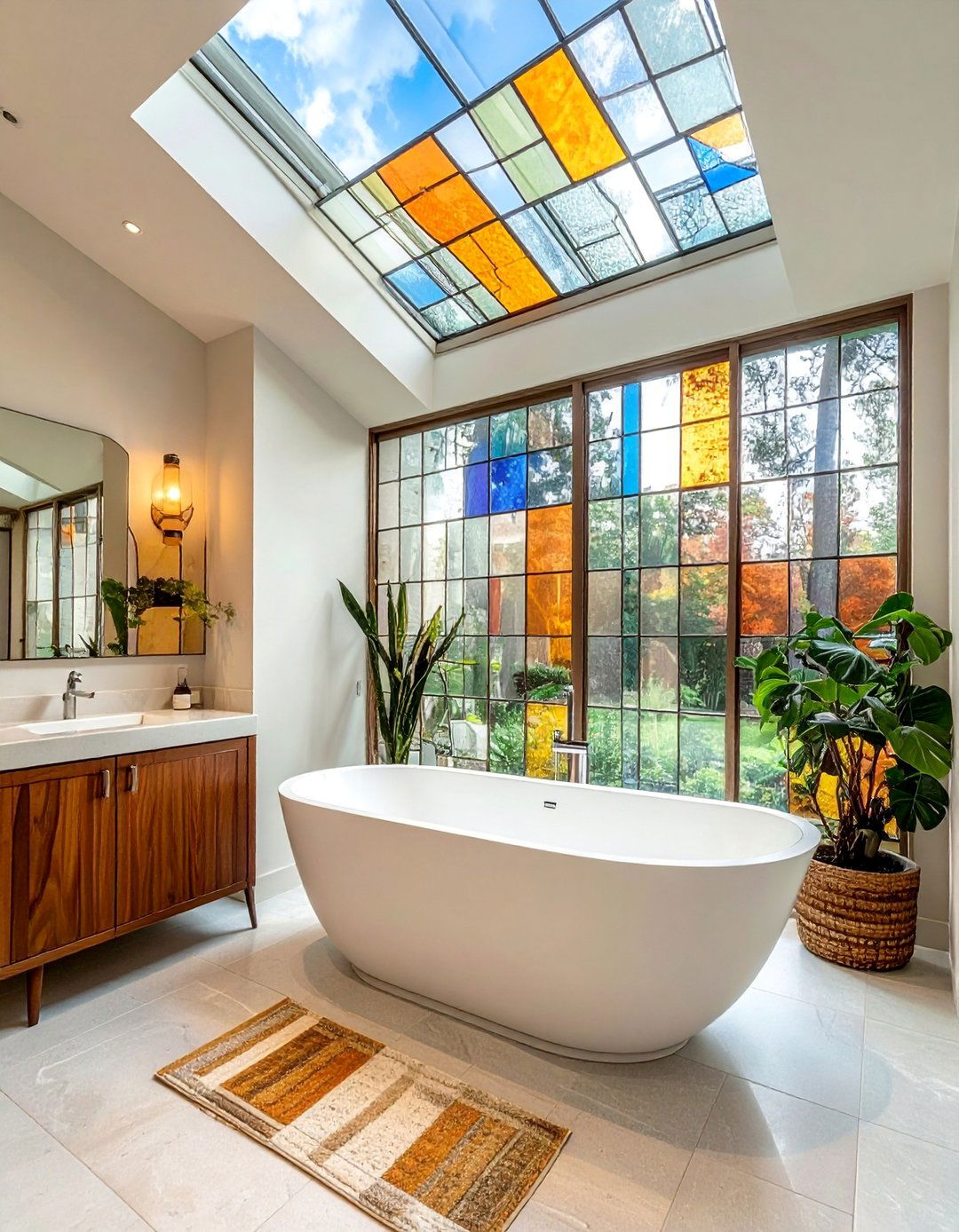 Frank Lloyd Wright Inspired Stained Glass Clerestory Windows - 20 Stained Glass Bathtub Ideas for a Luxurious Bathroom