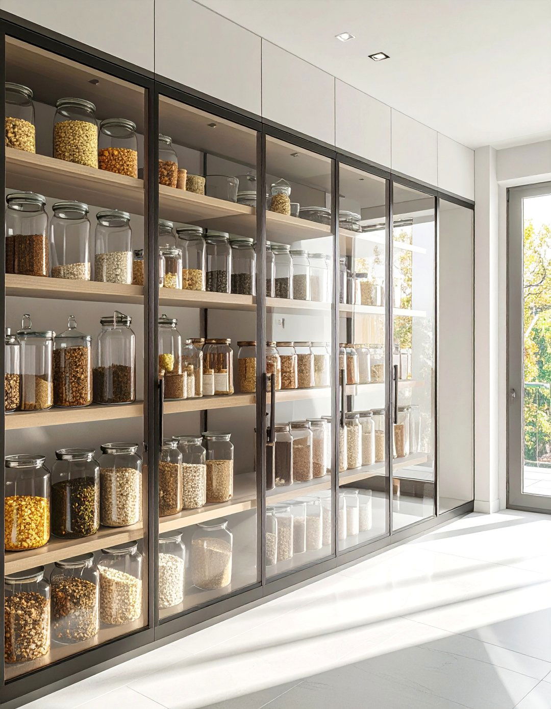 Full Height Glass Pantry Cabinets for a Grand Statement - 20 Modern Style Glass Kitchen Cabinets for a Sleek Look