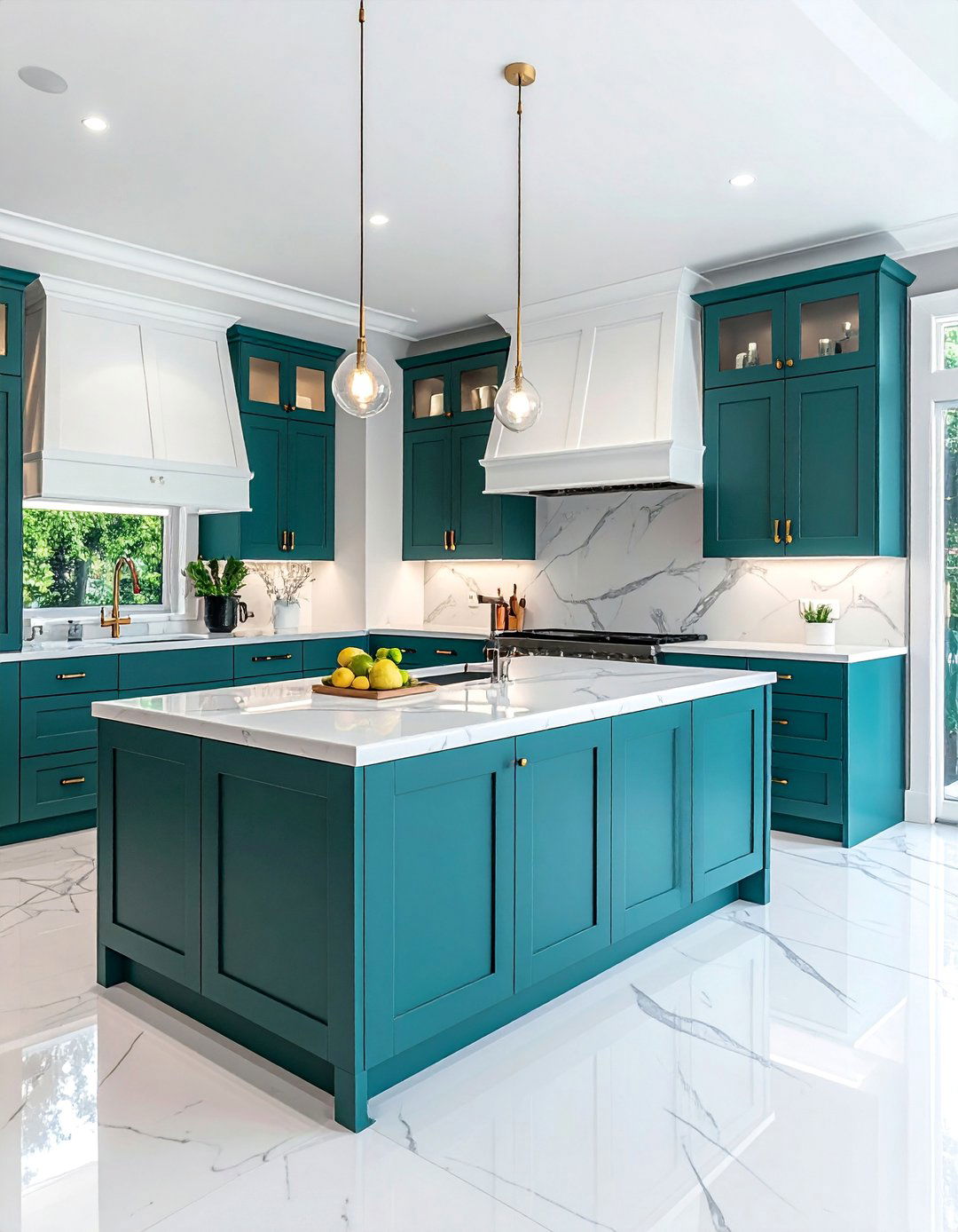 Full Teal Cabinetry with White Marble Countertops - 20 Teal and White Kitchen Design Ideas for a Fresh Look