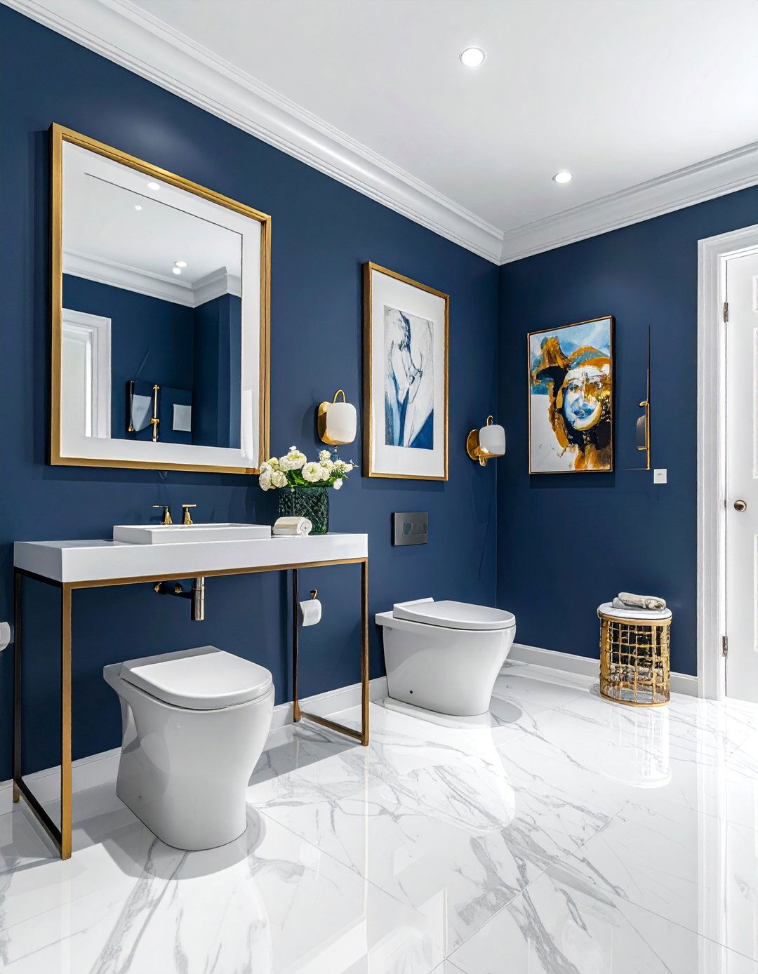 Gallery Wall Art Display - 15 Navy Blue Powder Room Ideas for a Chic Space