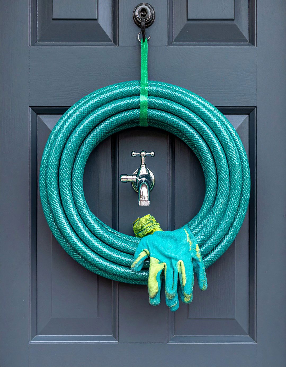 Garden Hose and Faucet Wreath - 20 Summer Door Decoration Ideas to Welcome Guests