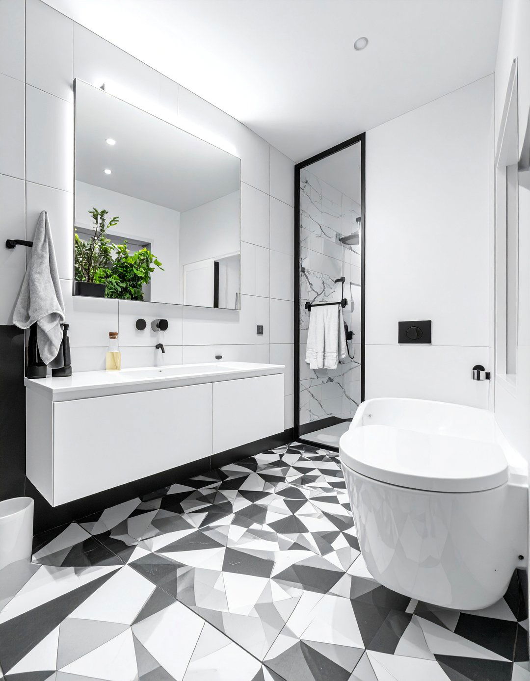 Geometric Black Patterned Tile Bathroom Floor - 20 Black Floor Bathroom Ideas with White Walls