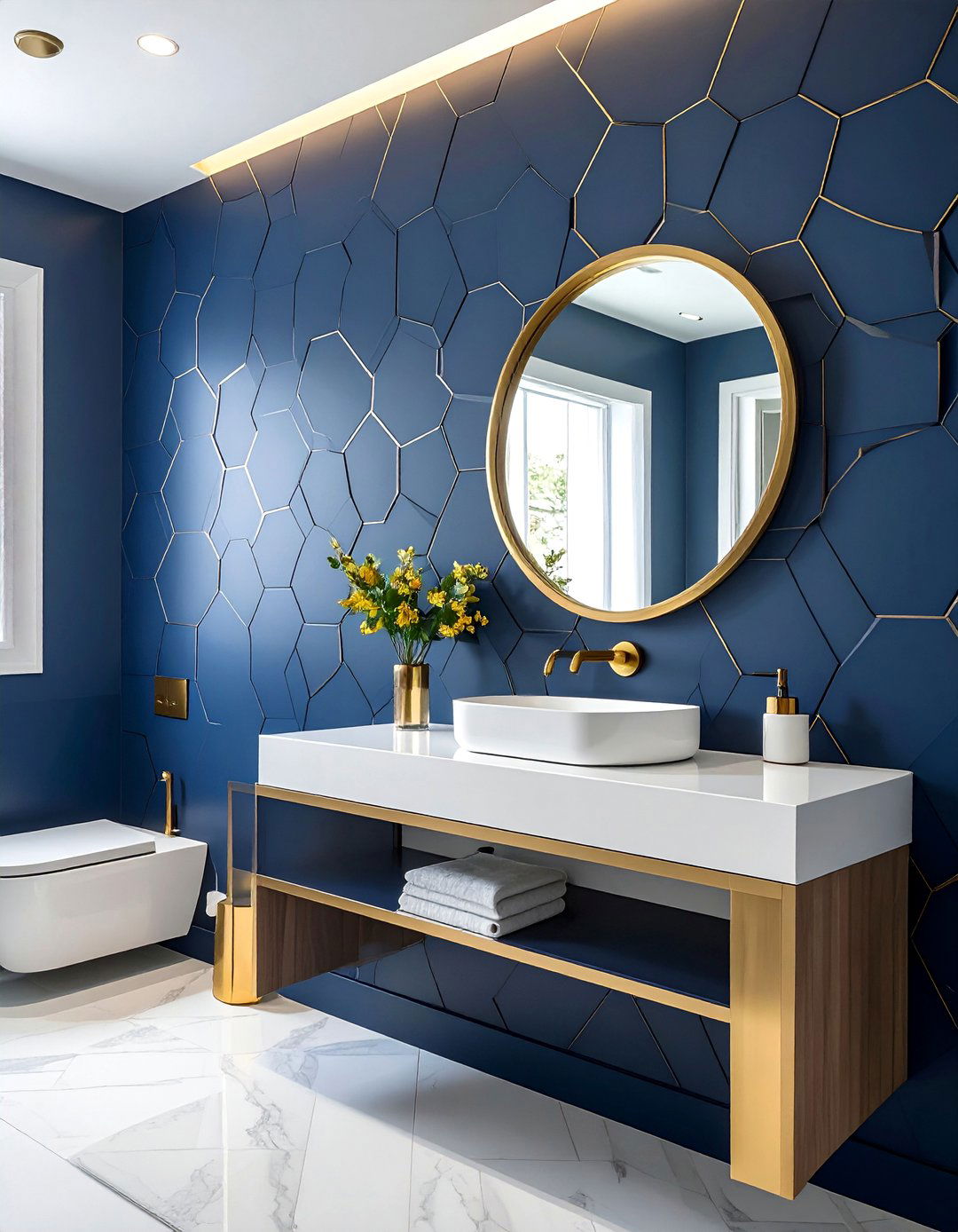 Geometric Pattern Wallpaper Design - 15 Navy Blue Powder Room Ideas for a Chic Space