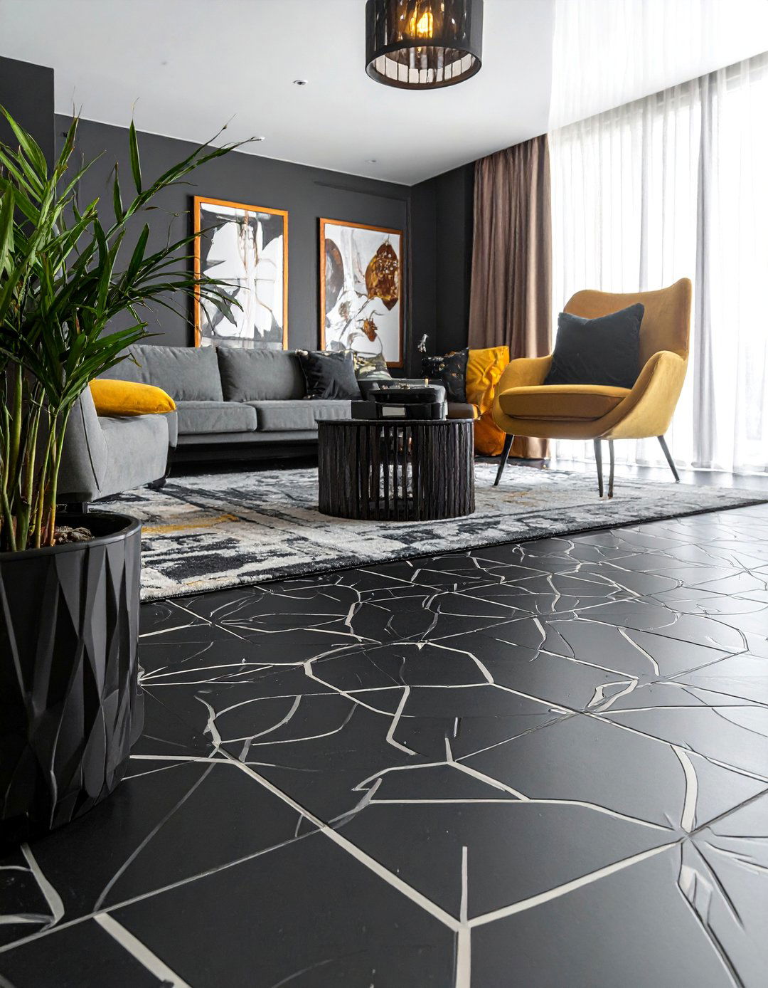 Geometric Patterned Black Tile Living Room - 25 Black Floor Living Room Ideas for a Dramatic Look