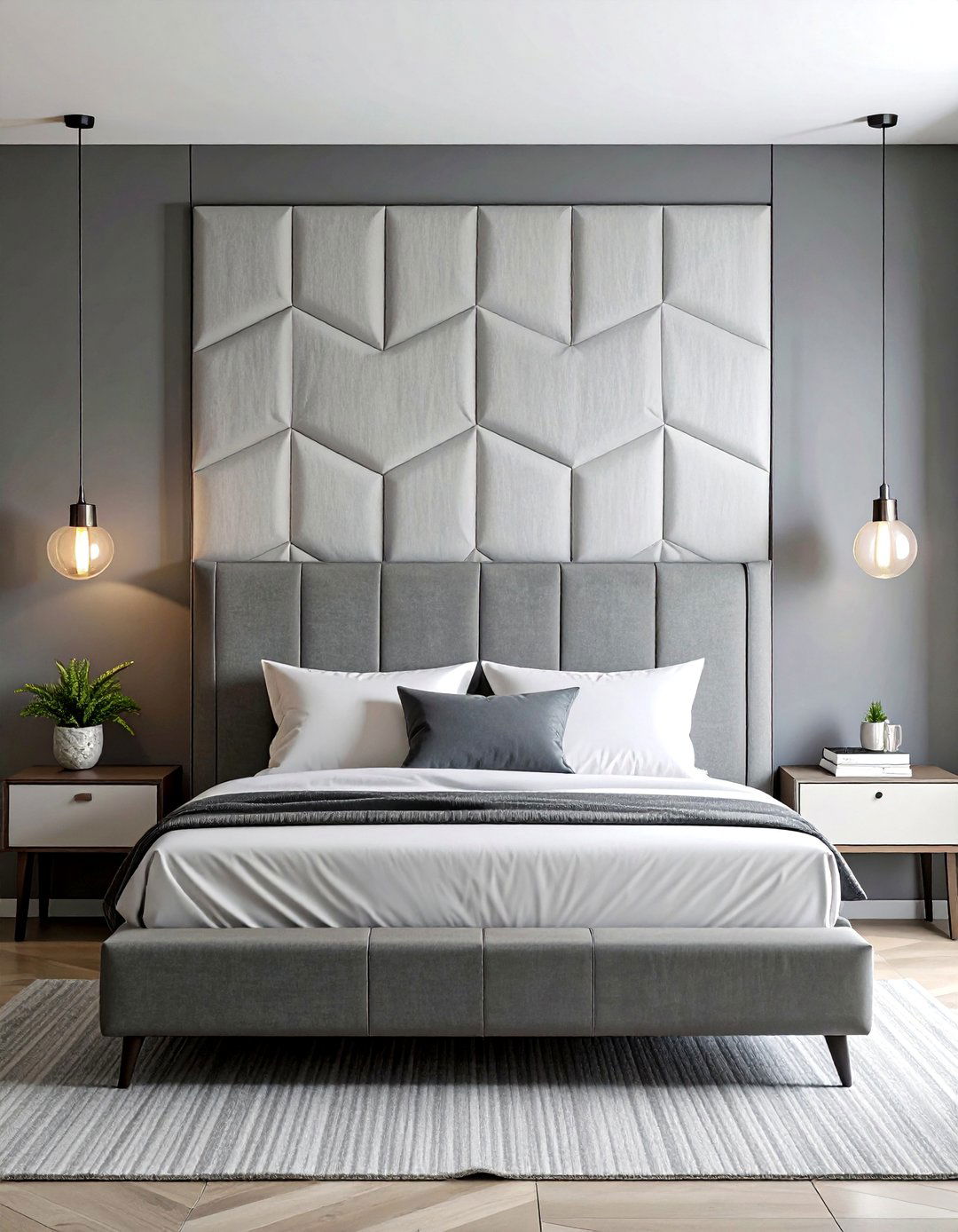 Geometric Patterned Grey Headboard - 25 Grey Headboard Bedroom Ideas for a Calm Retreat