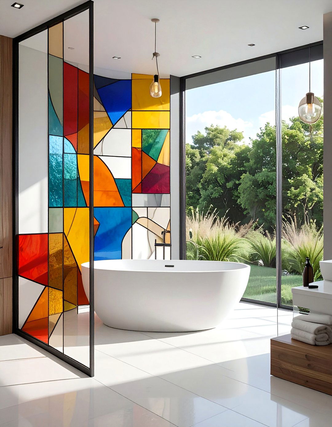 Geometric Stained Glass Privacy Screen for an Alcove Bathtub - 20 Stained Glass Bathtub Ideas for a Luxurious Bathroom