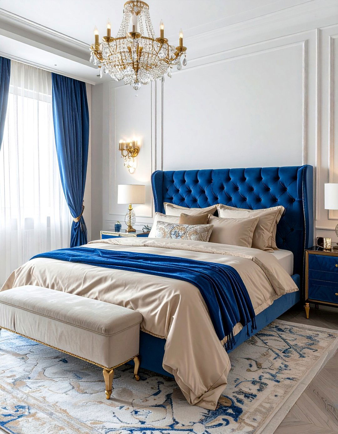 Glamorous Blue and Beige Bedroom with Metallic Accents - 15 Blue and Beige Bedroom Ideas for a Calming Retreat