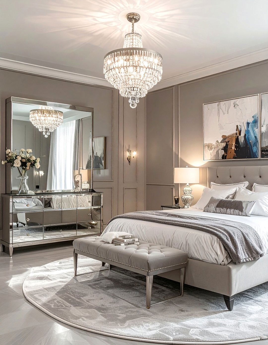 Glamorous Taupe Bedroom with Mirrored Furniture - 20 Taupe Bedroom Ideas for a Calming and Cozy Retreat