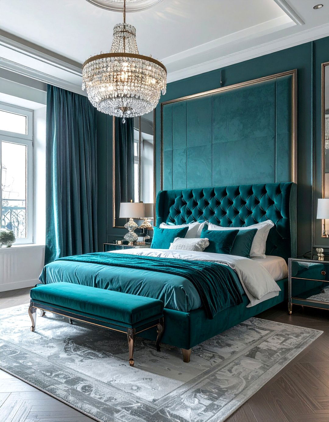 Glamorous Turquoise Bedroom with Velvet Textures - 15 Stunning Turquoise Bedroom Ideas for a Fresh Look