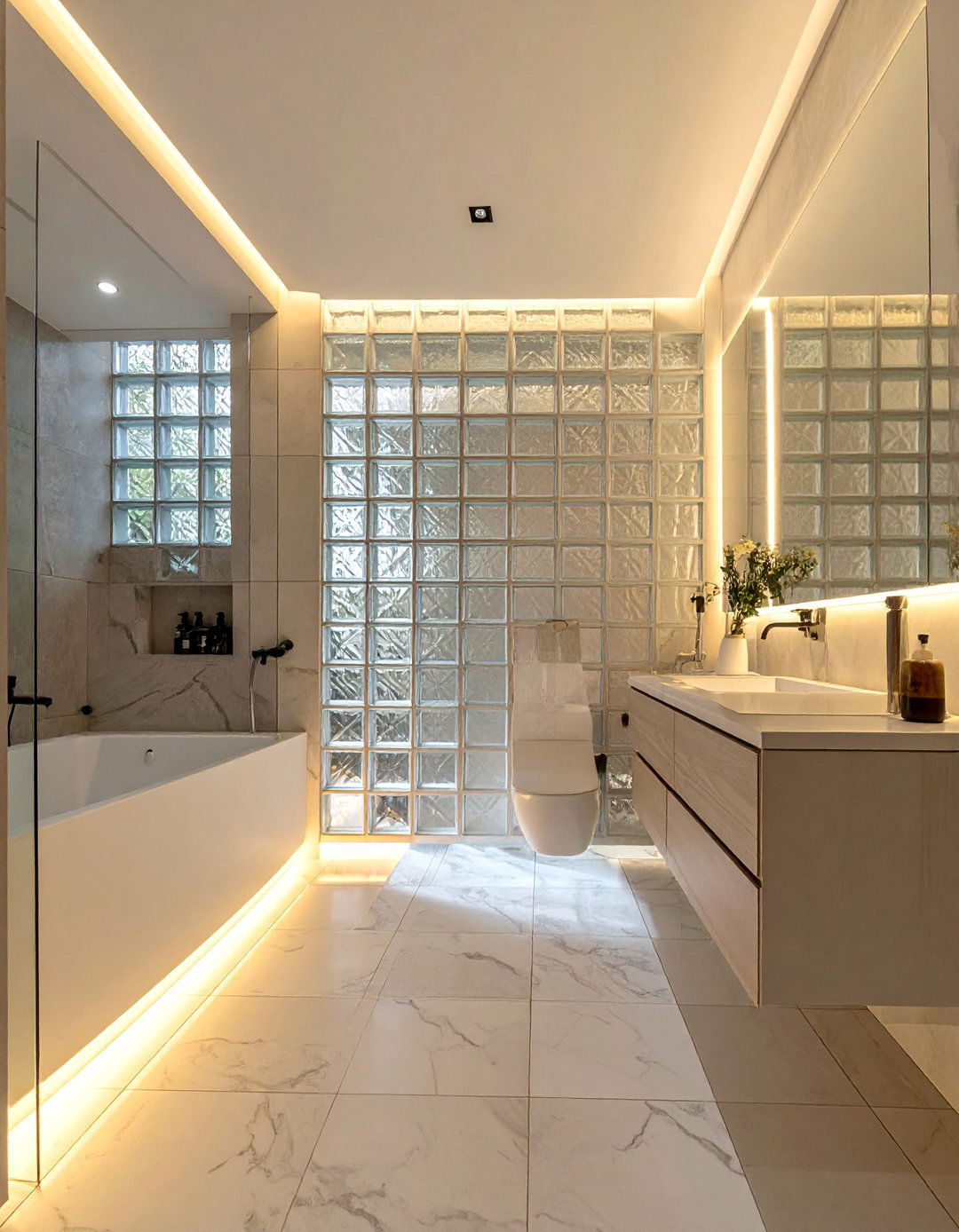 Glass Block Privacy Walls - 40 Elegant Primary Bathroom Ideas for a Luxurious Space