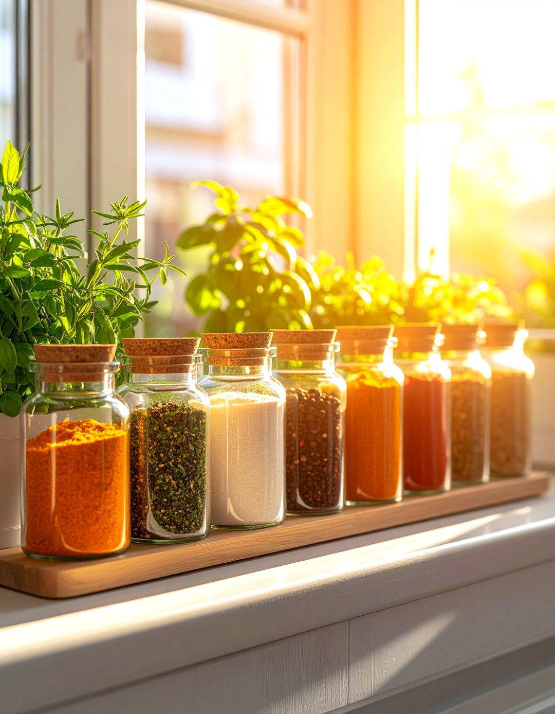Glass Jar Spice Rack on a Window Sill - 40 Creative Spice Rack Ideas for Organized Kitchens