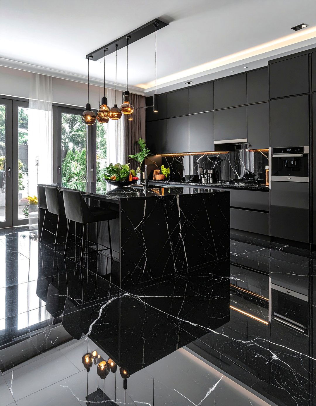 Glossy Black Marble Luxury Statement - 20 Black Floor Kitchen Ideas for a Sleek and Modern Look