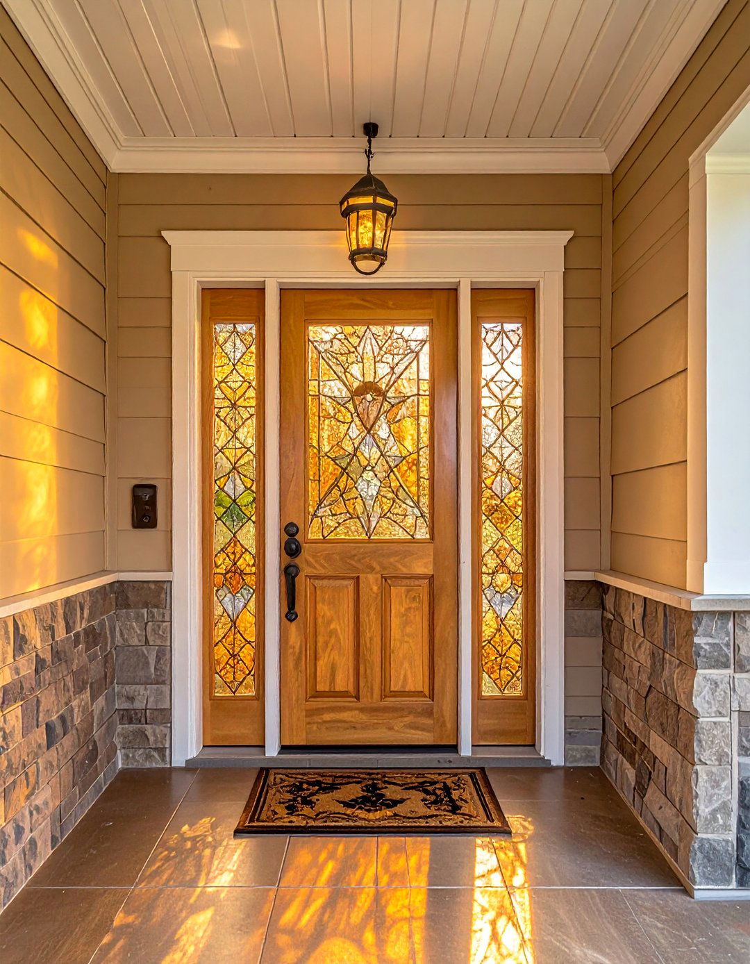Golden Pecan Stained Front Door with Leaded Glass - 25 Elegant Stained Front Door Ideas for Curb Appeal