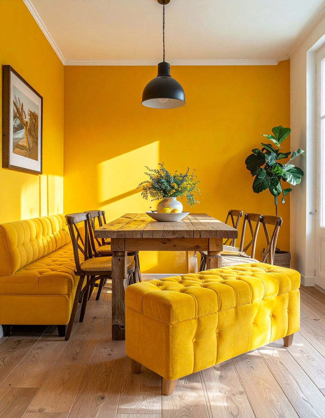 Goldenrod Yellow Upholstered Dining Bench - 20 Yellow Dining Room Ideas for a Bright and Cheerful Space