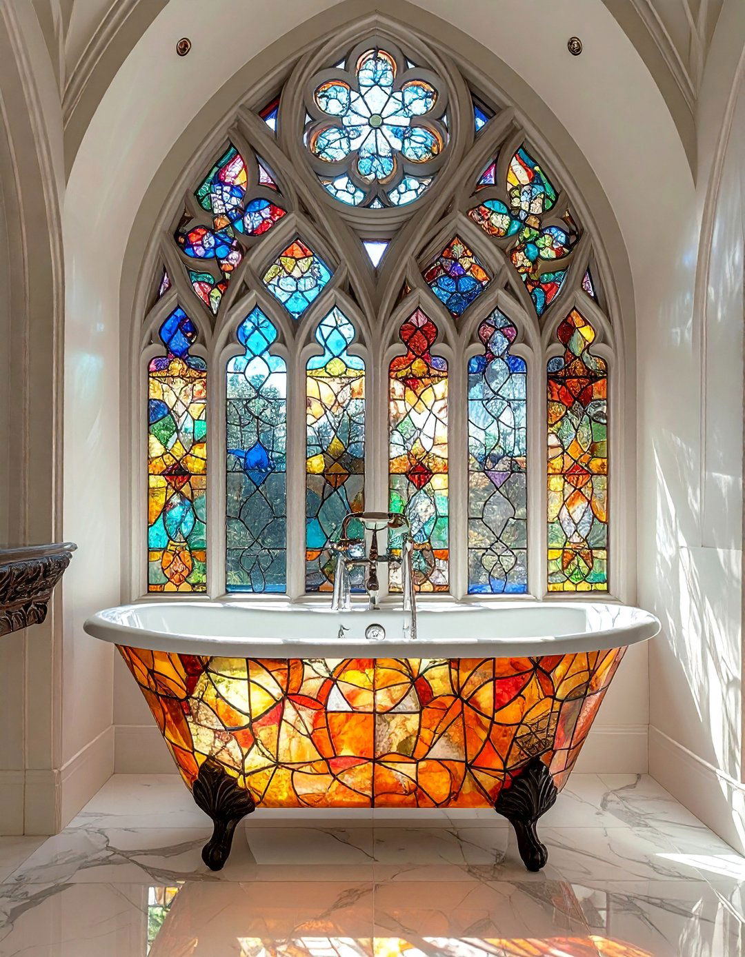 Gothic Arch Stained Glass Window for a High Ceiling Bathroom - 20 Stained Glass Bathtub Ideas for a Luxurious Bathroom