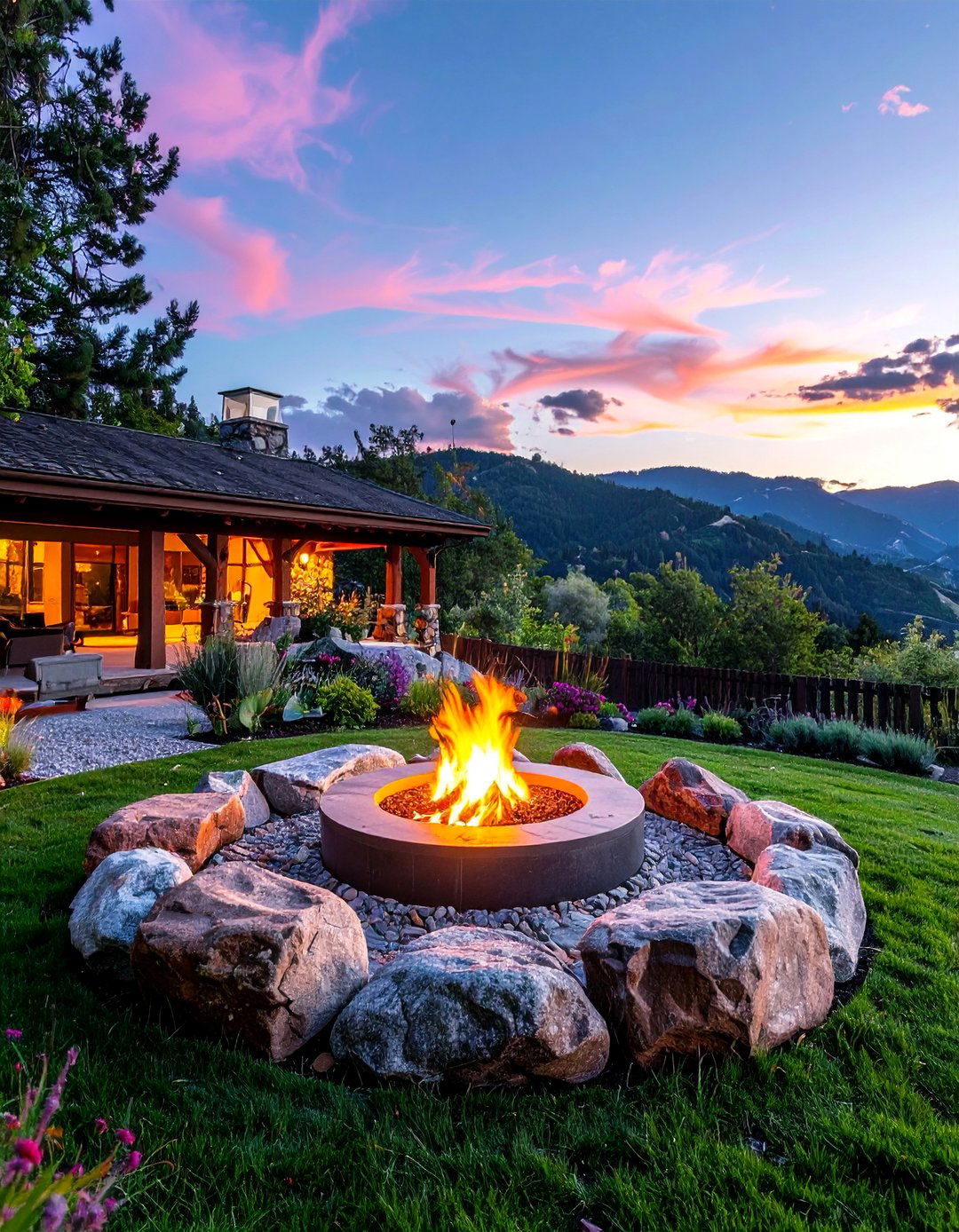 Granite Boulder Patio with Natural Fire Ring - 25 Stone Patio with Fire Pit Ideas for Outdoor Fun