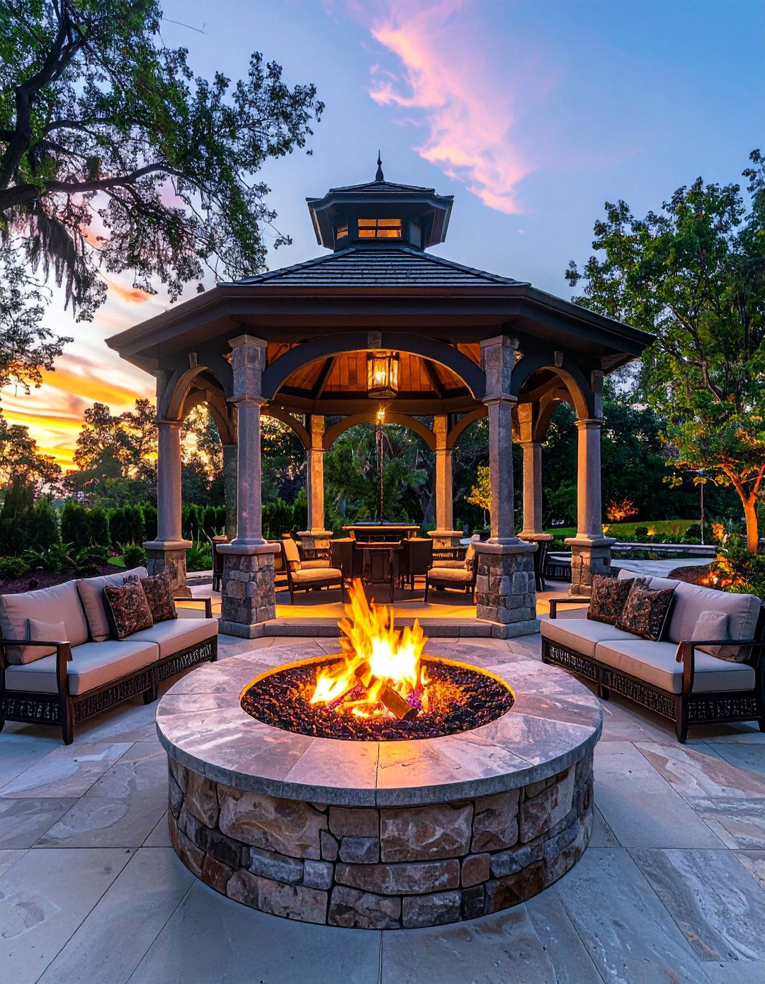 Granite Pavilion with Central Fire Altar - 25 Stone Patio with Fire Pit Ideas for Outdoor Fun