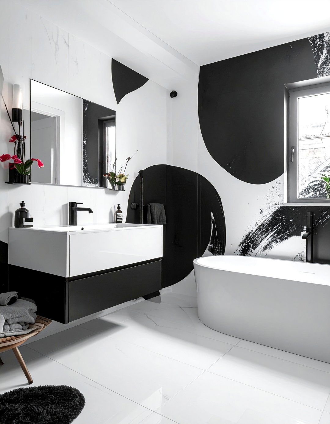 Graphic Print Black and White Removable Wallpaper - 20 Black and White Powder Room Ideas for Modern Homes