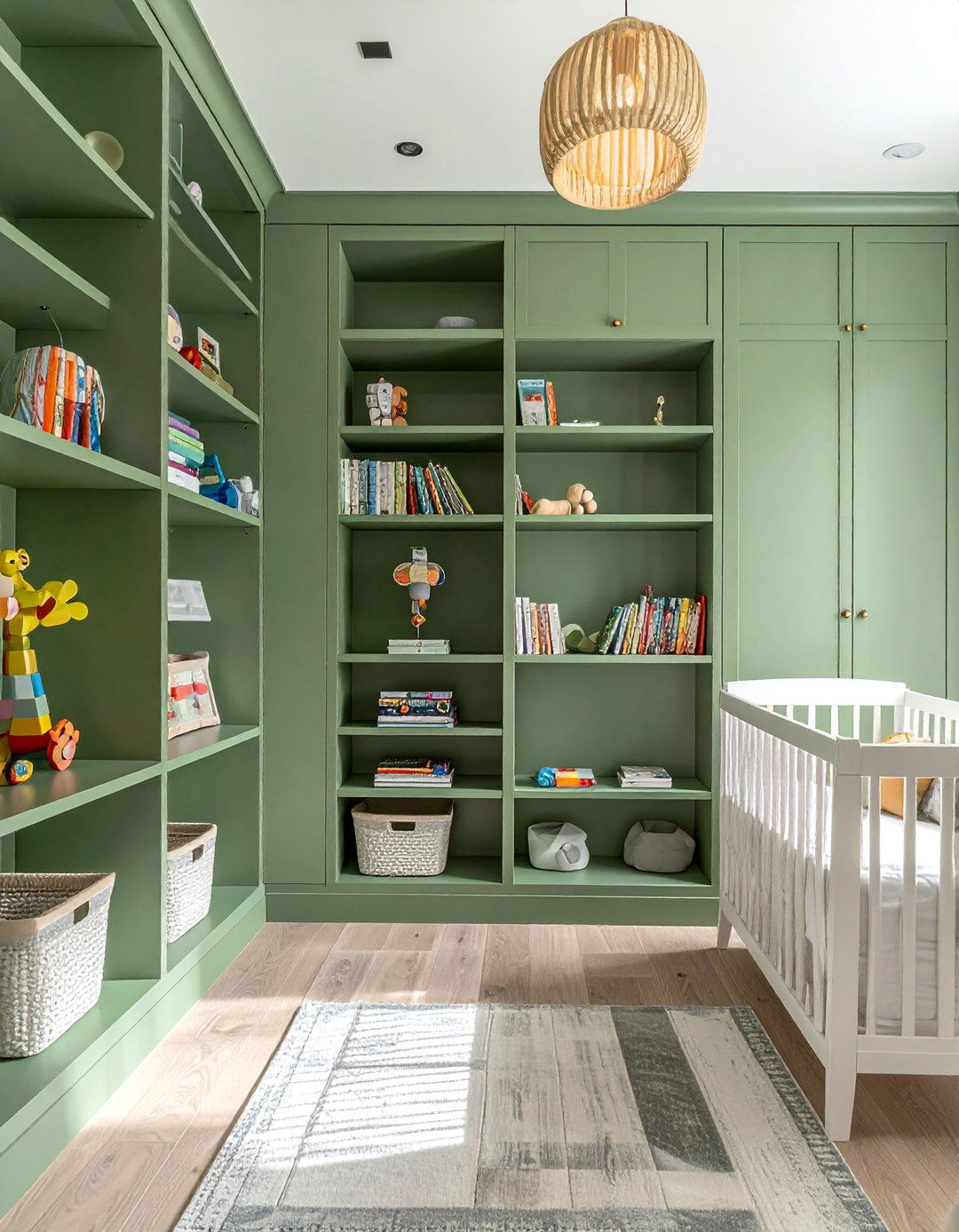 Green Nursery with Built in Shelving - 25 Green Nursery Ideas for a Calming and Natural Space