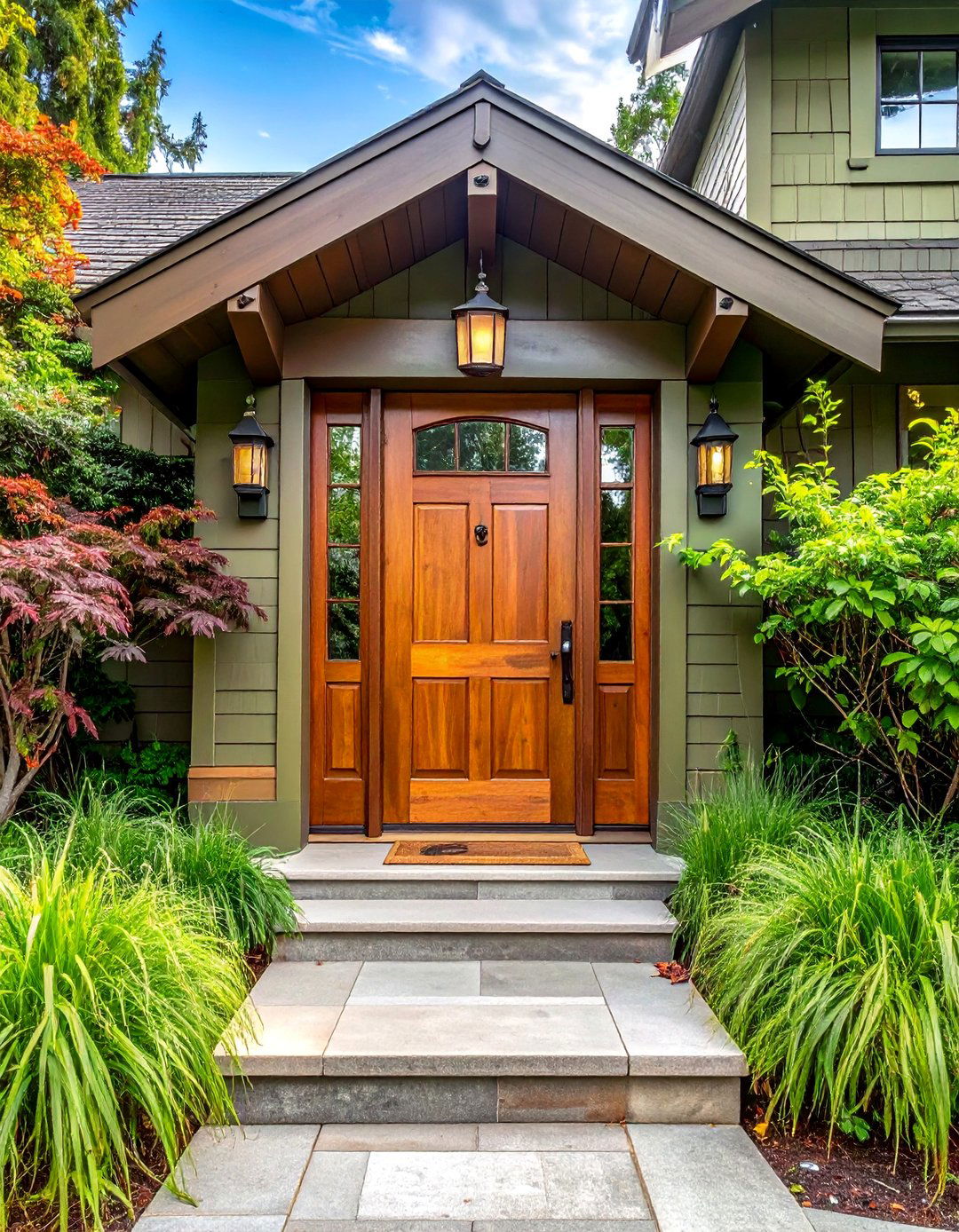 Green Tinted Stained Front Door for a Subtle Pop of Color