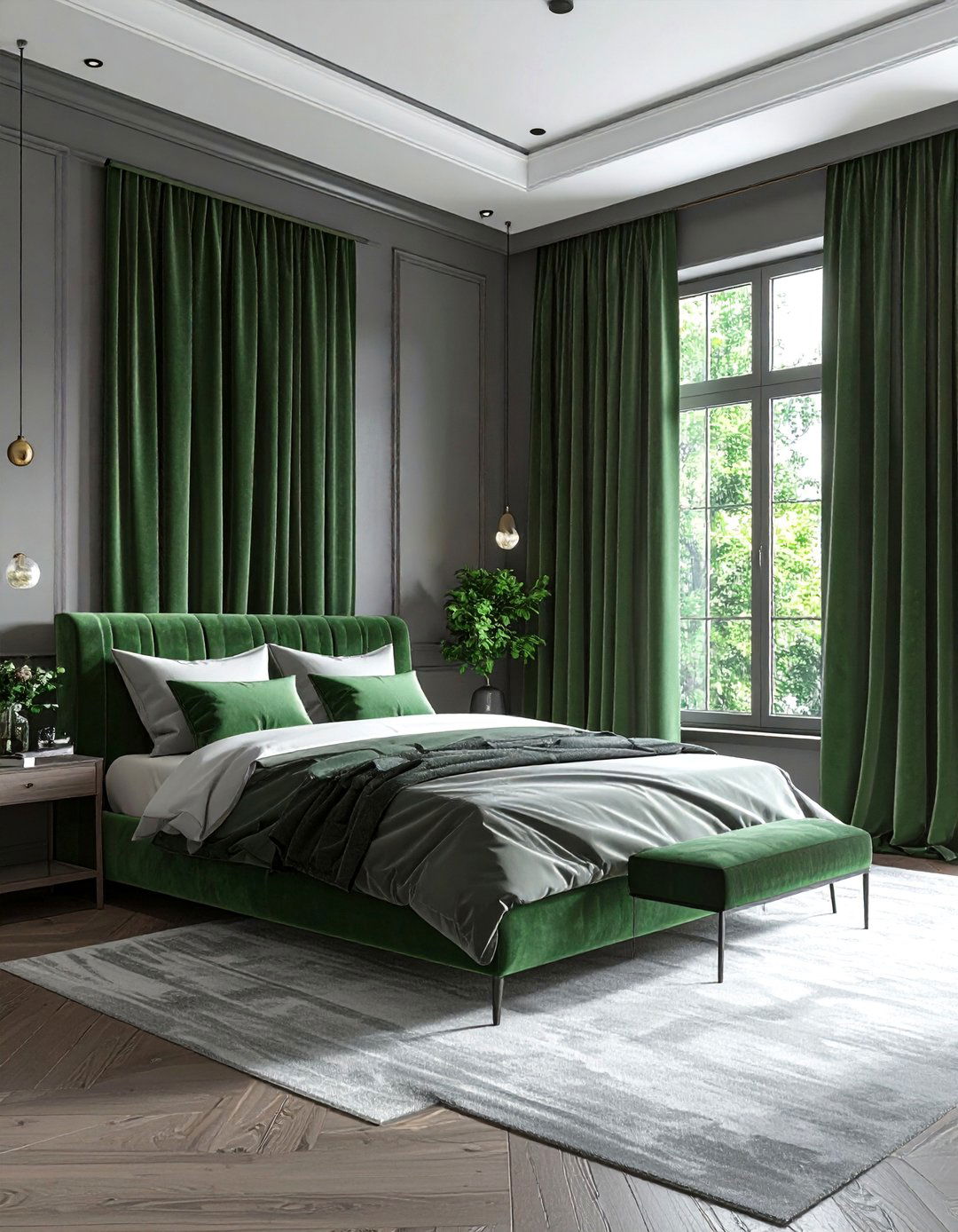 Green Velvet Curtains in a Grey Bedroom - 20 Green and Grey Bedroom Ideas for a Serene Retreat