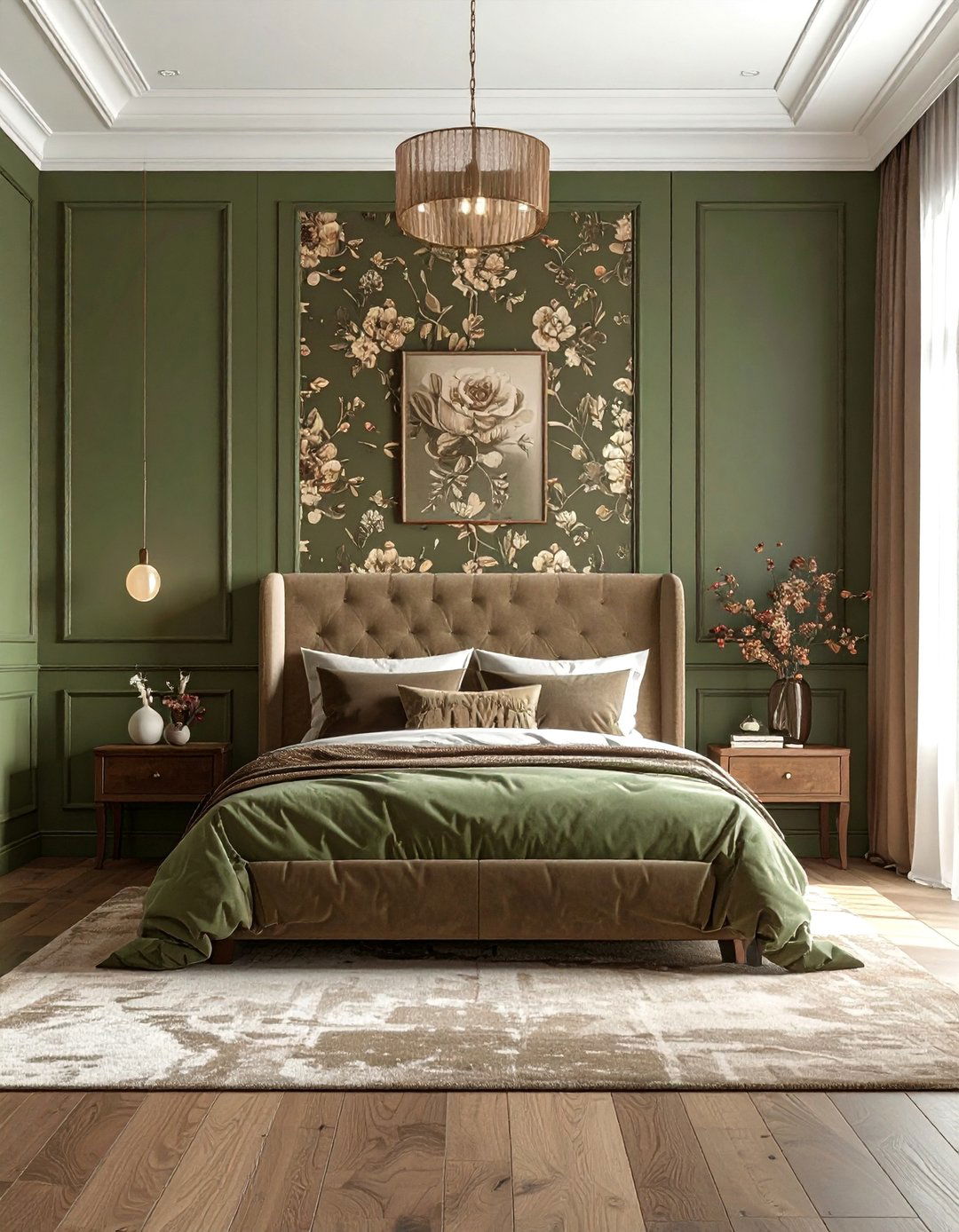 Green Wainscoting and Brown Floral Wallpaper - 20 Green and Brown Bedroom Ideas for a Natural Look