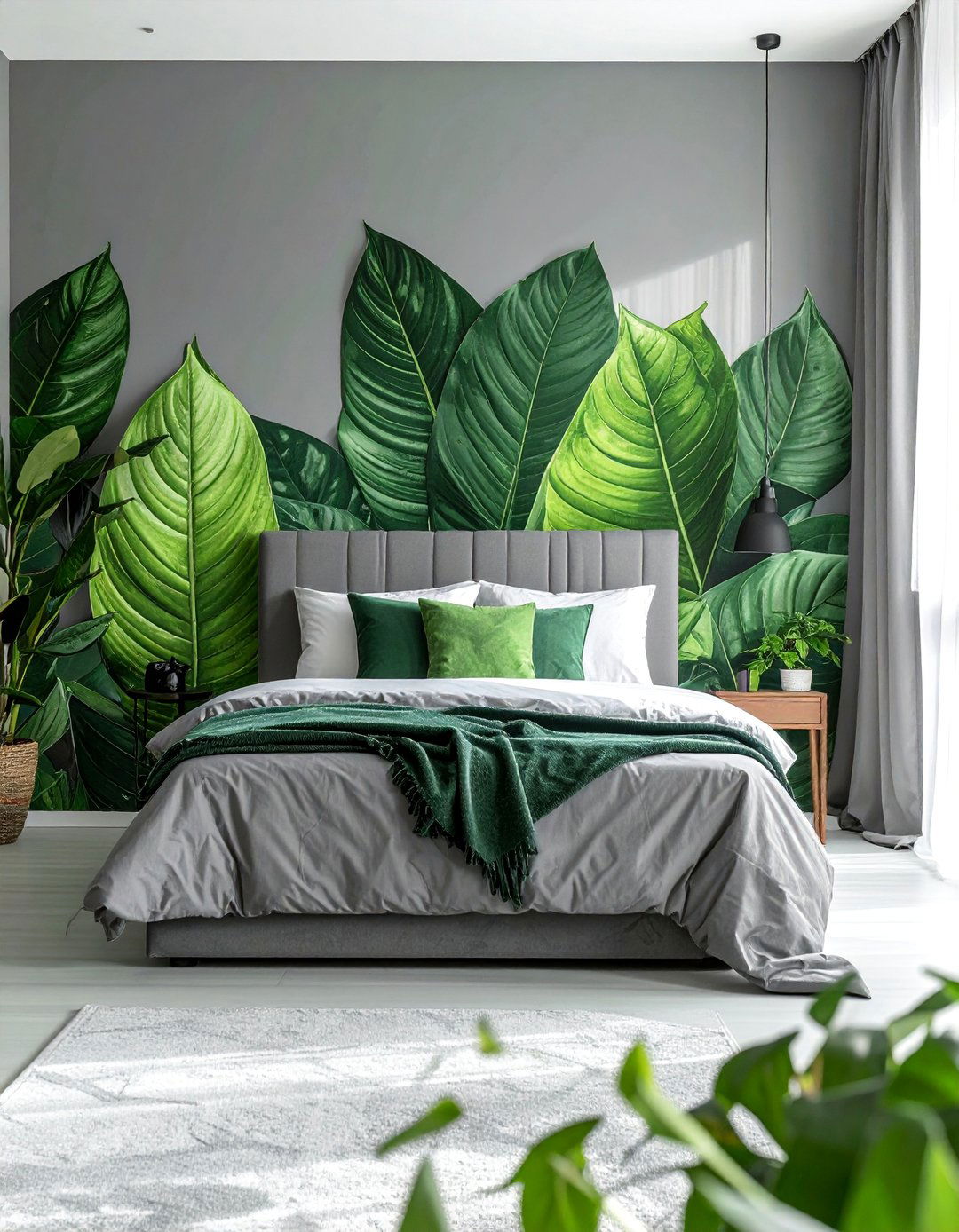 Green and Grey Botanical Wallpaper - 20 Green and Grey Bedroom Ideas for a Serene Retreat