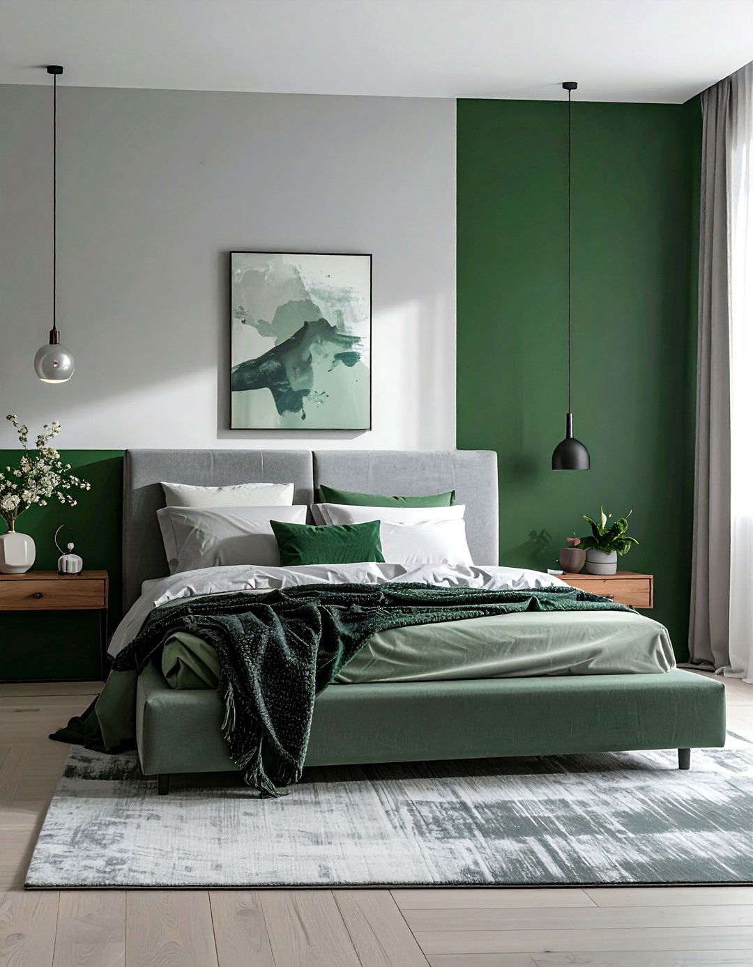 Green and Grey Color Blocked Wall - 20 Green and Grey Bedroom Ideas for a Serene Retreat