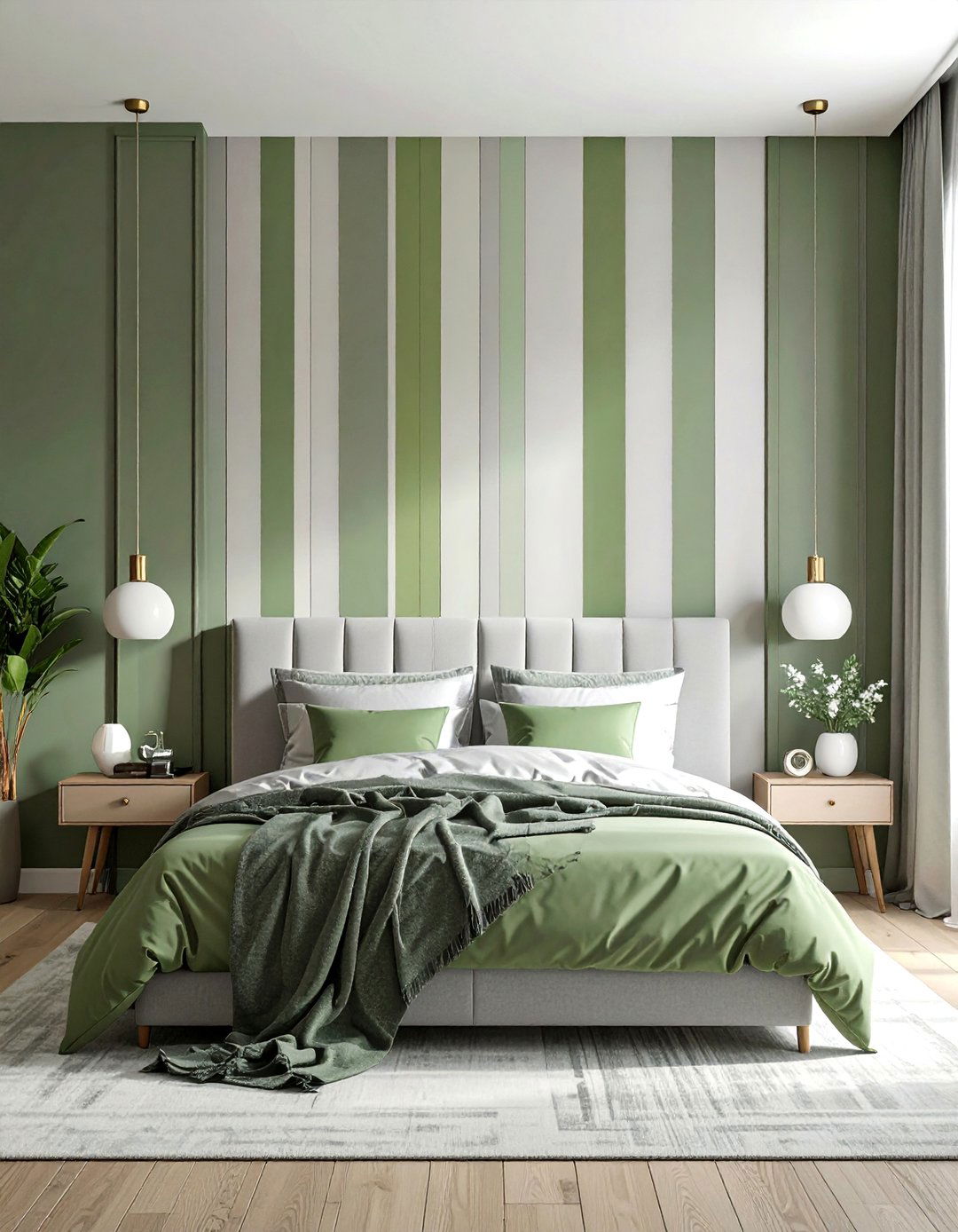 Green and Grey Striped Accent Wall - 20 Green and Grey Bedroom Ideas for a Serene Retreat