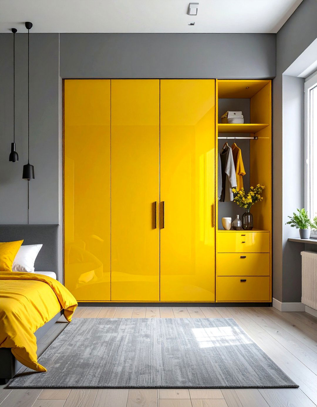 Grey Bedroom with a Bold Yellow Lacquered Wardrobe - 25 Yellow and Grey Bedroom Ideas for Modern Interiors