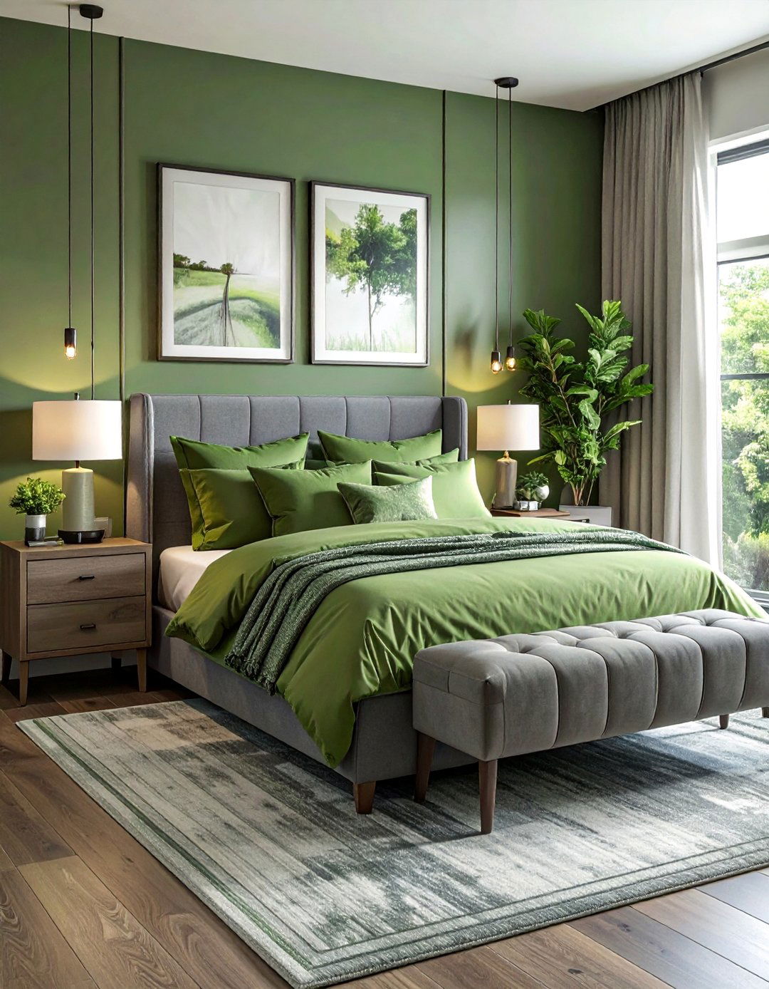 Grey Furniture with Khaki Green Textiles - 20 Green and Grey Bedroom Ideas for a Serene Retreat