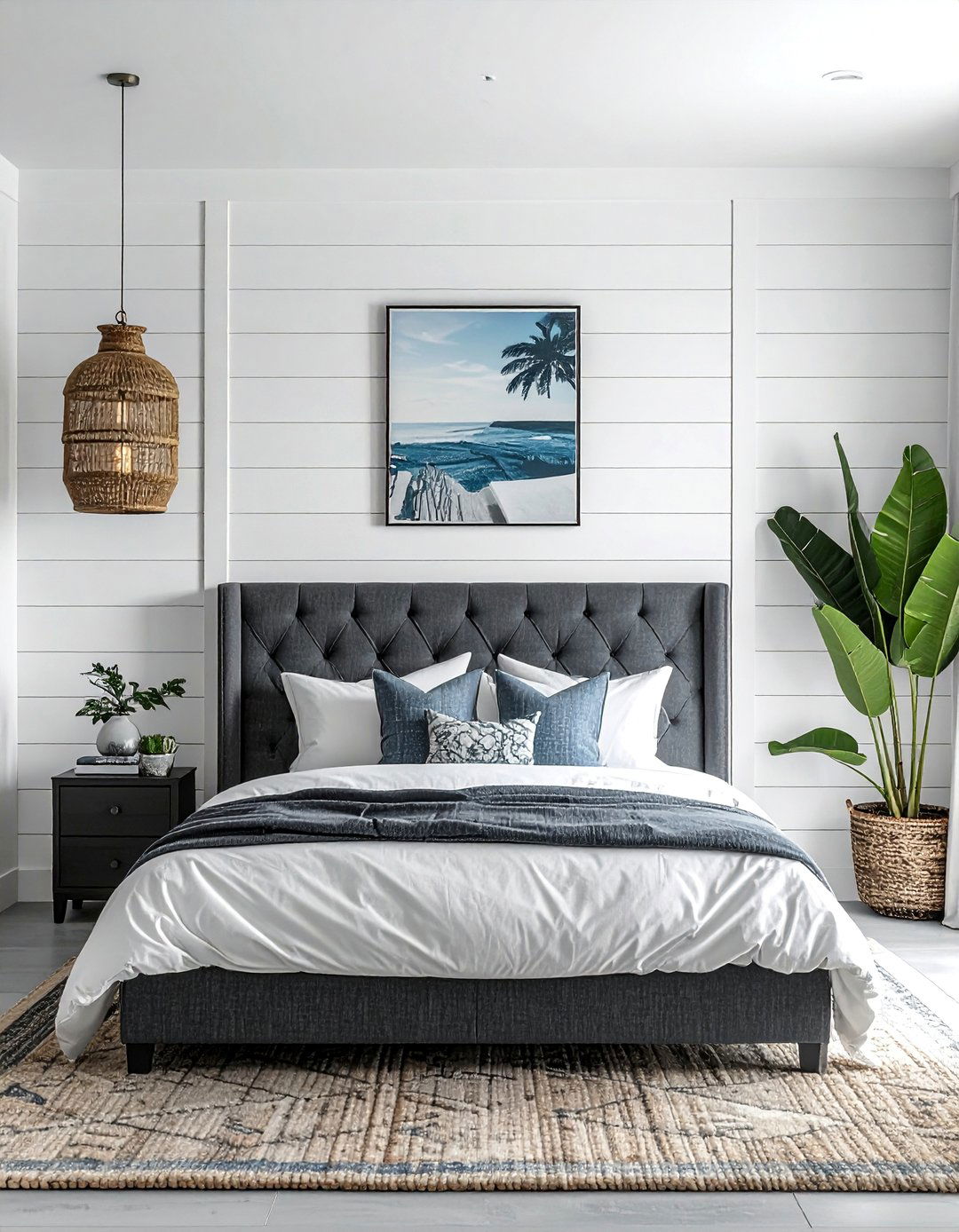 Grey Headboard Against a White Shiplap Wall - 25 Grey Headboard Bedroom Ideas for a Calm Retreat