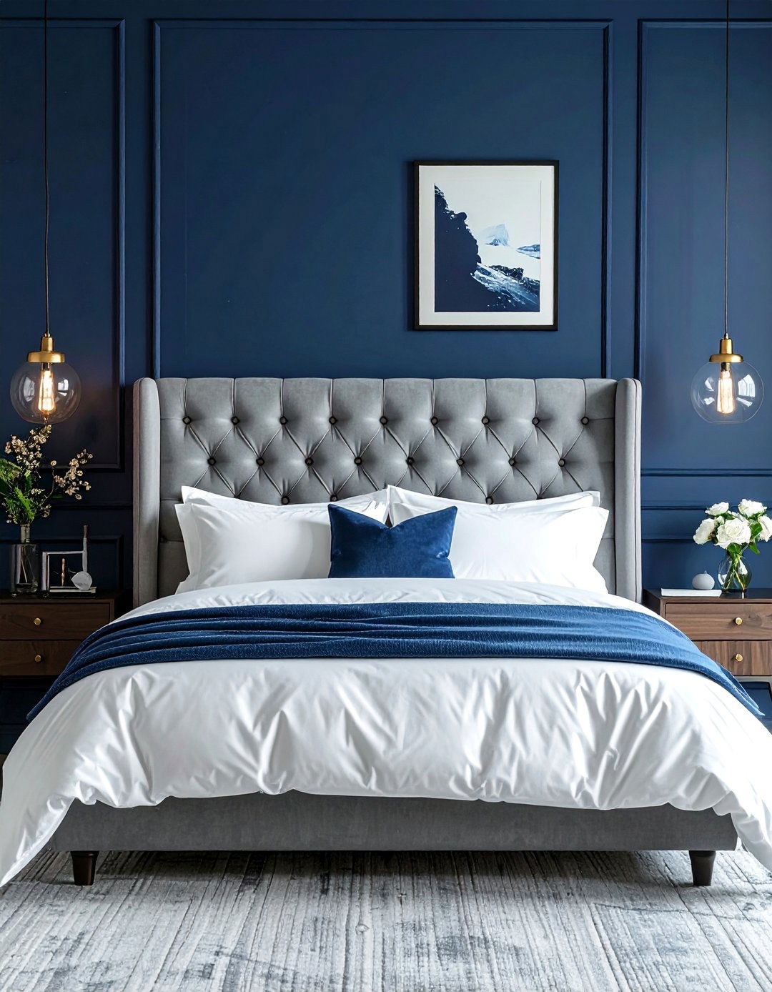 Grey Headboard Paired with Navy Blue Walls - 25 Grey Headboard Bedroom Ideas for a Calm Retreat