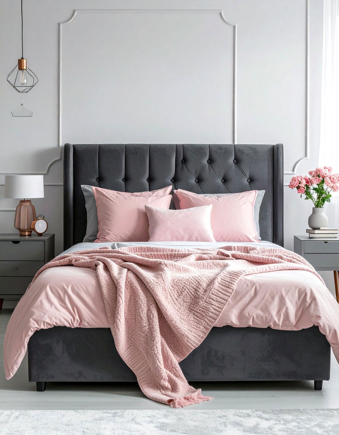 Grey Headboard and Blush Pink Accents - 25 Grey Headboard Bedroom Ideas for a Calm Retreat
