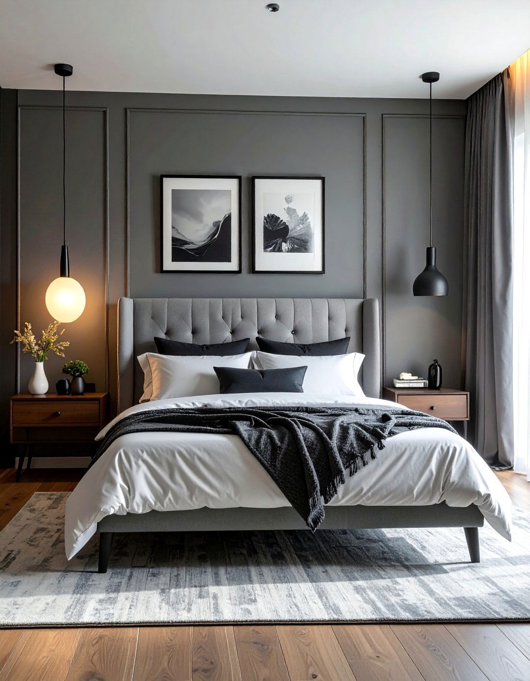 Grey Headboard in a Bedroom with Black Accents - 25 Grey Headboard Bedroom Ideas for a Calm Retreat