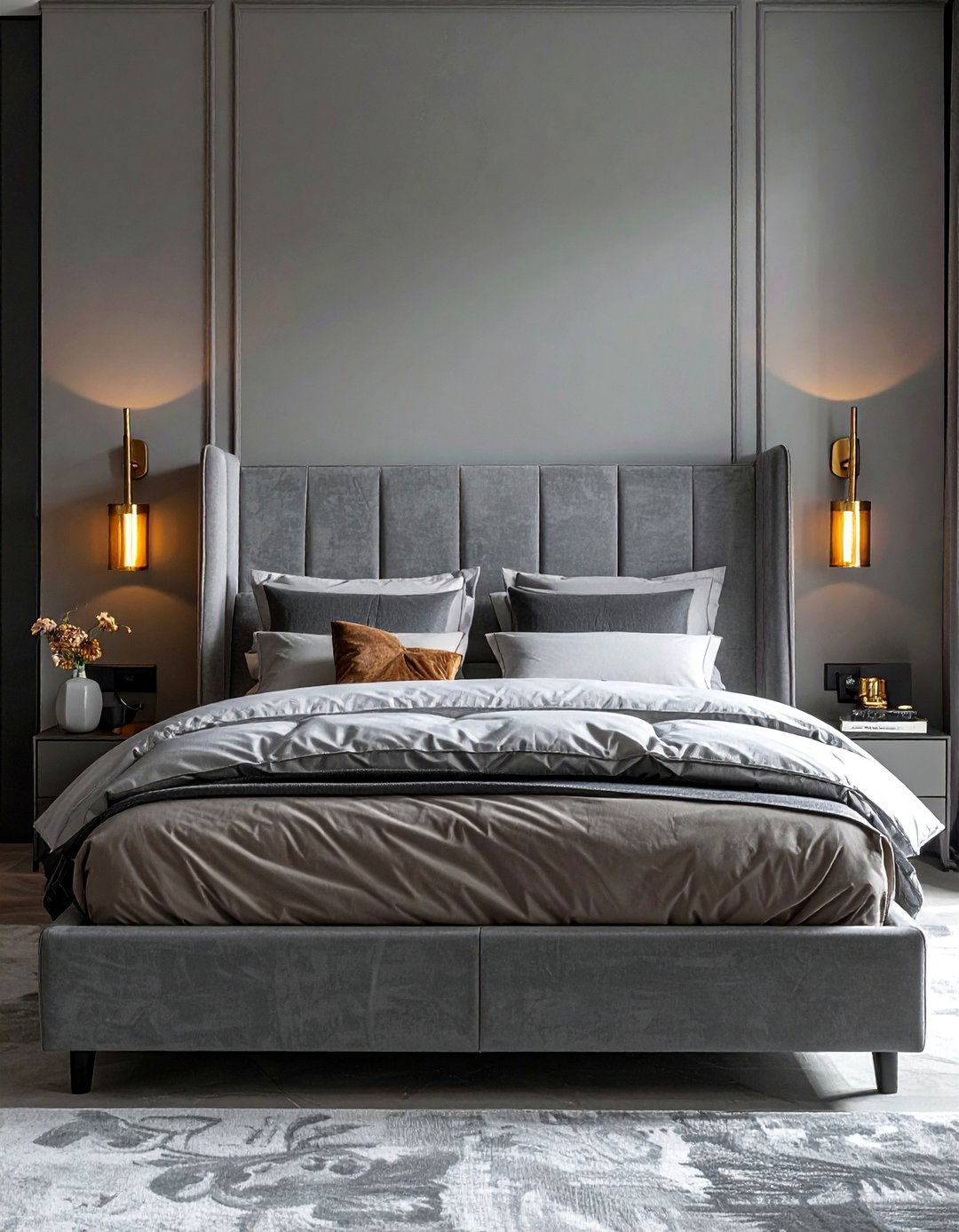Grey Headboard with Built In Reading Sconces - 25 Grey Headboard Bedroom Ideas for a Calm Retreat