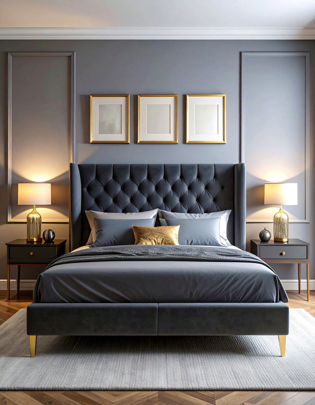 Grey Headboard with Gold and Brass Accents - 25 Grey Headboard Bedroom Ideas for a Calm Retreat